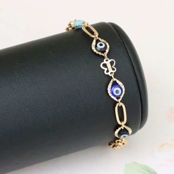 "Evil Eye Charm Rose Gold Bracelet with Butterfly Accent, XPBL1029 - Picture 9 of 13